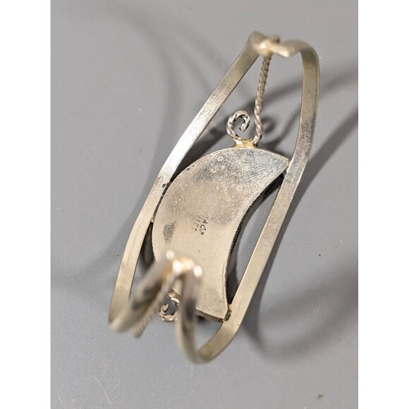 Alpaca Mexico Crescent Moon Shell Inlay Flower Cuff Bracelet Silver Tone 6" - Picture 4 of 10